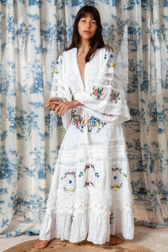 Charm Your Way - Embroidered maxi dress/duster - Rosey Tea in Ivory â fillyboo